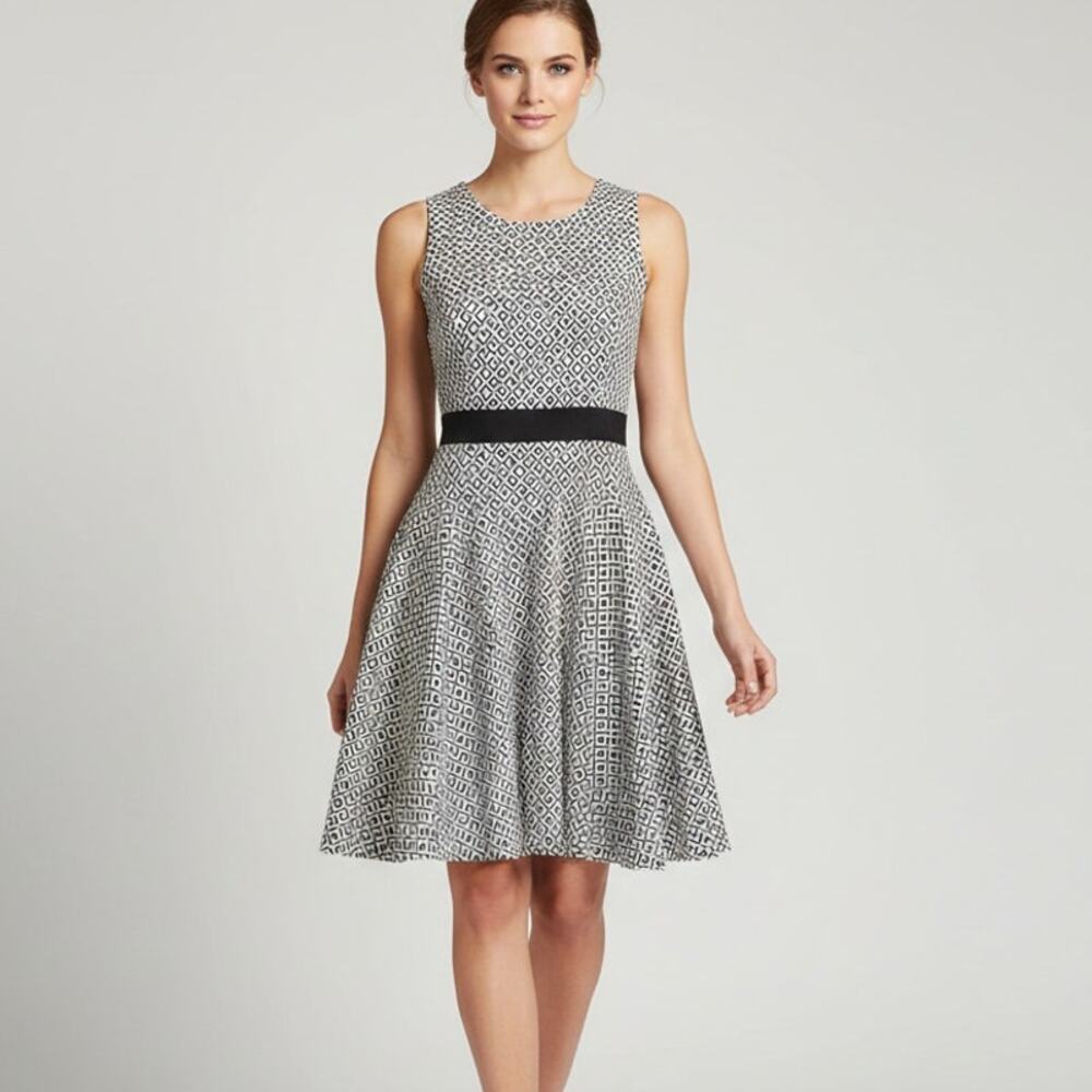 Joseph Ribkoff Sleeveless Dress White Black Geo Print Size 8